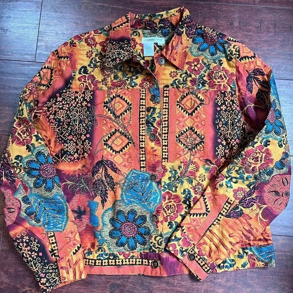 Coldwater Creek Shirt Top Womens Lg Multicolor Button Up Decorative EUC Travel - Picture 3 of 5